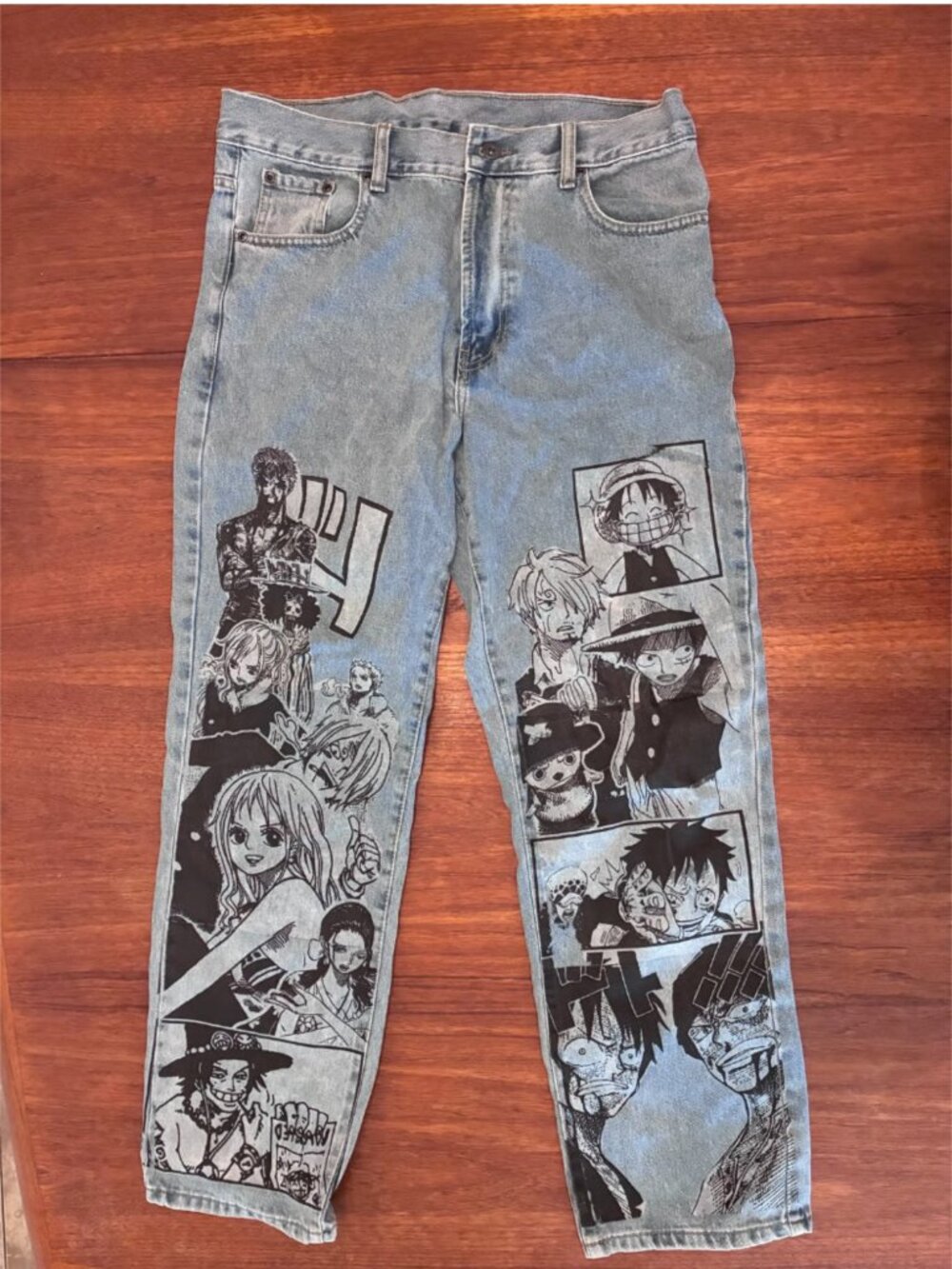 FAMEISOPTIONAL Custom Screenprint One Piece Luffy Sanji Zoro Jeans, size 34/30
